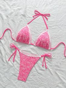 Swim Mod Bộ đồ bơi bikini hai mảnh họa tiết hoa buộc dây gợi cảm cho nữ, bãi biển mùa hè - Hồng - Xem 4