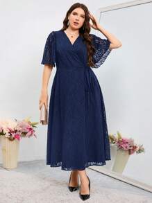 Modelyn Vestido Envelope com Recorte Colorido Sólido Tamanho Plus Size, Vestidos de Festa Longos - Azul Marinho - Visão 3