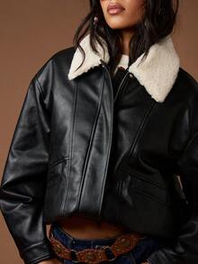 MISSGUIDED 仿皮飞行员夹克，羊羔绒领，冬季时尚，摩托车风格，休闲外套，个性拉链前开，街头风格 - 黑色 - 查看 6