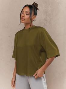 MISSGUIDED Oversized Shoulder Pad T-Shirt Modern Minimalist Style Mock Neck Scuba Material Long Sleeve Fall Winter Essential - Olive Green - View 4