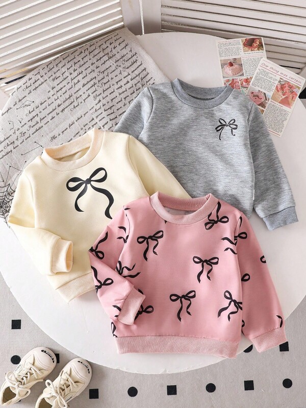 SHEIN 3pcs/Set Baby Girls Bow Print Sweatshirts, Grey, Pink, Beige, Comfortable & Practical Warm Casual Outfits For Autumn