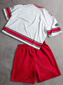 PAVTROS Manfinity Streetrush 男士拼色运动数字印花 T 恤套装 男士街头服饰 男士短裤套装 男士夏季服装 男士短款套装 男士街头服饰、嘻哈街头、男友礼物、男士街头服饰、男士图案套装 - 紅白色 - 查看 2