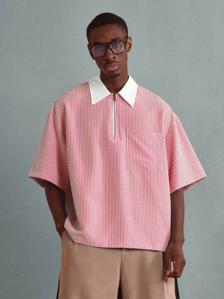 SUMWON Striped Quarter Zip Polo Shirt Retro Classic Streetwear Oversized Casual Preppy Short Sleeve Spring Summer Plain - Multicolor - View 1