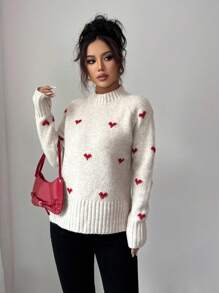 Franclia Women's Solid Color Heart Jacquard Knit Pullover Sweater