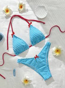 Swim Mod Women's Two Pieces Textured Plaid Bikini Set, Vacation Casual For Summer - Multicolor - View 2