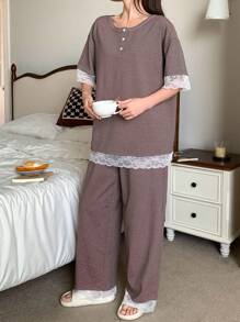 DAZY 2件套女士宽松条纹短袖睡衣套装 - 藕粉色 - 查看 3