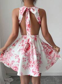 Elenzga Round Neck Random Floral Print Waist Slimming Spring/Summer Resort Sexy Backless Hollow-Out A-Line Floral Ruffle Hem Vintage Luxurious Mini Sleeveless Dress