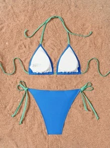 Swim Basics Conjunto de bikini playero de verano para mujer con corte halter y nudo, en estilo colorblock y sexy