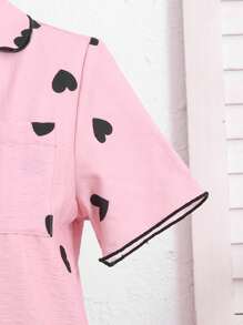 SHEIN 少女心印花 V 领短袖上衣和宽松长裤两件套睡衣套装 - 粉色 - 查看 3
