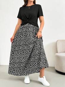 SHEIN Essnce Conjunto de dos piezas de verano para mujer talla grande, conjunto de manga corta, conjunto de falda estampada de dos piezas, conjunto casual y cómodo para mujer talla grande, ropa de mujer estampada, conjuntos de verano para mujer, conjuntos de salón para mujer, conjunto de dos piezas para vacaciones, conjunto de 2 piezas de verano, conjuntos de verano para mujer - Negro - Ver 6