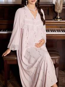 PalaceNights Váy ngủ bà bầu tay dài quá khổ cổ chữ V thêu hoa văn chắp vá dày, có vạt nửa, dành cho mùa thu, mùa đông - Hồng - Xem 5