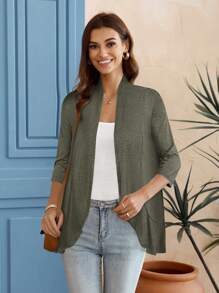 EMERY ROSE Cárdigan casual sólido de apertura frontal y manga 3/4 de estilo holgado para mujer