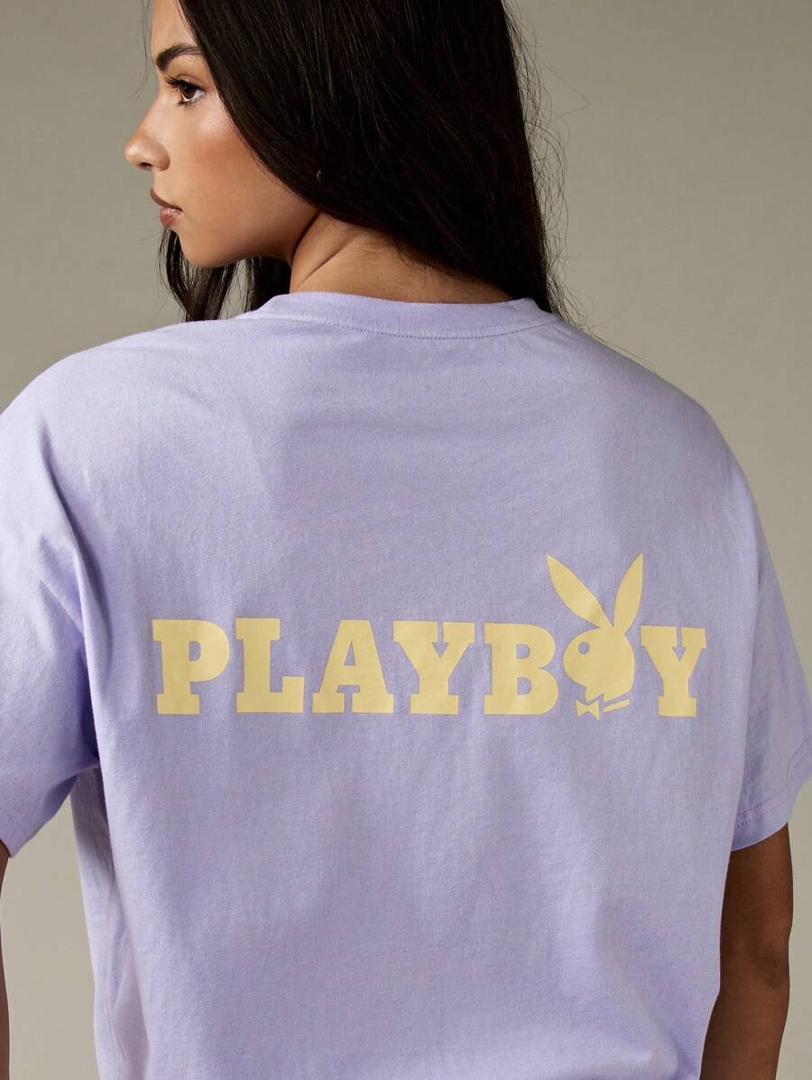 Missguided x Playboy Áo phông họa tiết Relaxed Fit Lễ hội Mùa hè Thường ngày Áo phông cơ bản Phong cách đô thị Cuối tuần Đồ mặc ở nhà - Màu tím - Xem 1