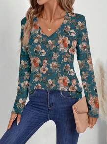 EMERY ROSE Áo thun nữ dài tay cổ chữ V in hoa, phong cách nghỉ dưỡng - Nhiều màu - Xem 5