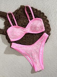 Swim Mod 2pcs Women Sexy Bikini Set, Textured Floral Design, Spaghetti Strap, Suitable For Summer - Multicolor - View 1