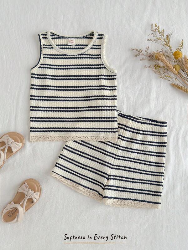 Cozy Pixies 2pcs/Set Girls' Colorful Stripe Knit Soft Camisole And Elastic Waist Shorts Set