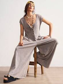 Bohemela Mono bohemio estilo Renacimiento de algodón lavado de punto con cuello cuadrado y manga corta para mujer, verano - Gris - Ver 2
