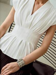 MOTF PREMIUM V-NECK FOLD PLEATED BATWING SLEEVE PEPLUM TOP