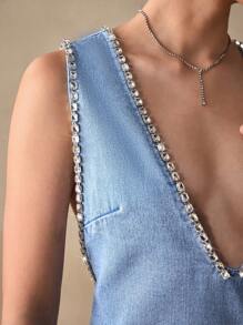 Selenza Women's Fashion Crystal Embellished Sleeveless Denim Dress, Summer - Blue - View 9