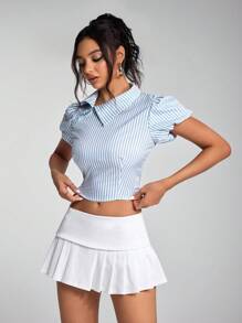 SHEIN Unity Camisa corta de mujer casual de manga corta abullonada y a rayas para verano - Azul y blanco - View 3