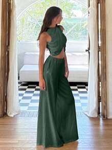 Cloudara Conjunto de top corto drapeado de cuello redondo y Bottom a juego, un estilo sencillo y elegante - verde menta - Ver 3
