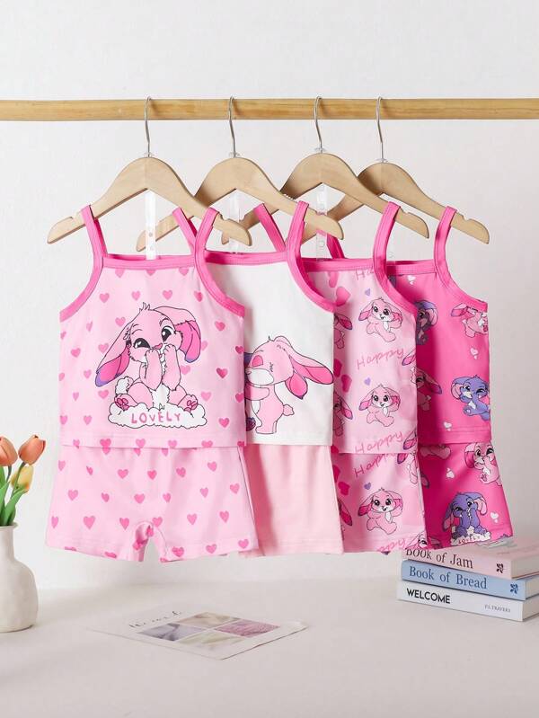 Set 8 bucăți de pantaloni scurți tricotați cu bretele, primăvară/vară, imprimeu cu iepuri și inimioare, blocuri de culori, roz fuchsia, pijama la modă, ținută esențială pentru casă
