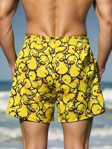 Manfinity Swimmode 男士夏季休闲鸭绒印花抽绳腰沙滩短裤 - 黃色 - 查看 2