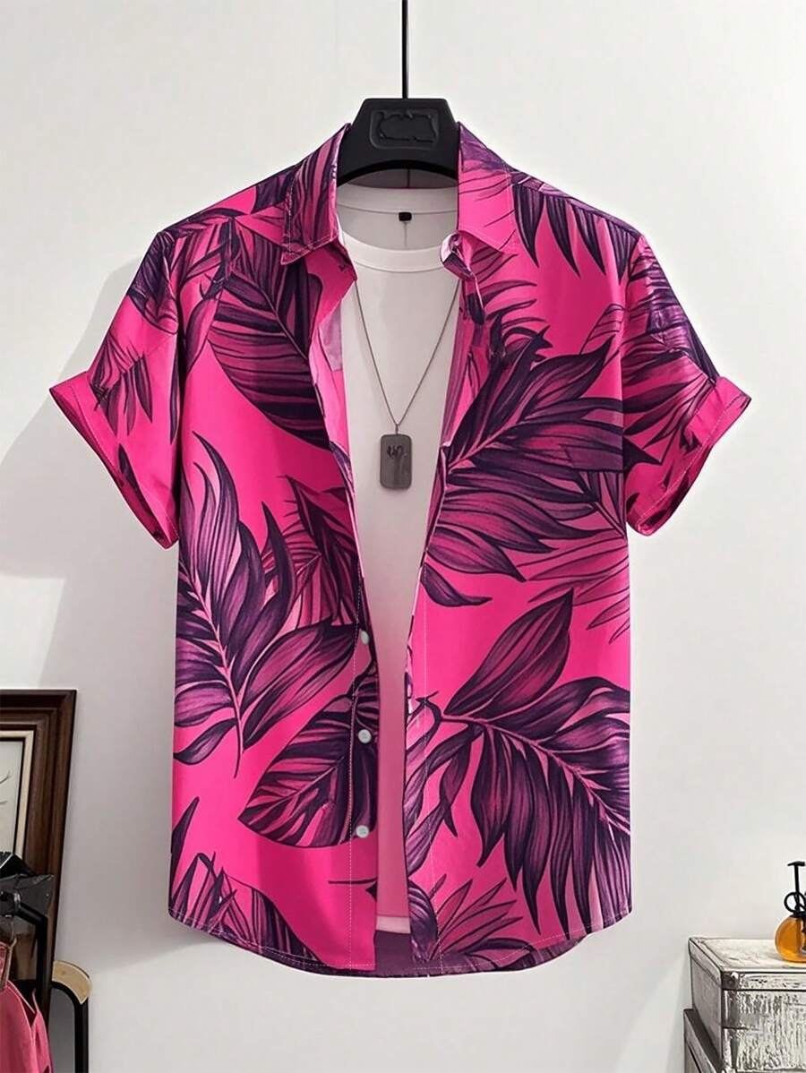 Manfinity RSRT Men's Vacation Tropical Plant Printed Single Breasted Short Sleeve Shirt - Hot Pink - View 1