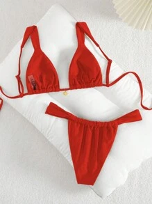 Swim Vcay Áo ngực hở lưng bằng vải không gọng màu ngọc trai lấp lánh dự tiệc có viền kim loại, bộ bikini ngày lễ đơn giản và thanh lịch dành cho nữ - Đỏ - Xem 2