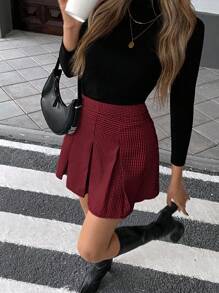 Pariaura Black & White Plaid Pleated Zipper Mini Skirt, Casual Commuter Simple College Style, Spring & Summer For Women