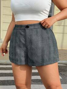 SHEIN EZwear Plus Size Women Loose Casual Houndstooth Pocket Shorts, Spring - Blue and White - View 3