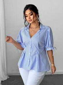 SHEIN Unity Plus Size Woven Short Sleeve Casual Commuting Striped Shirt - Blue - View 5