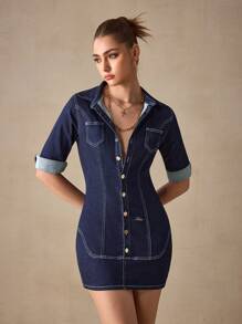 SHEIN BAE Damen Denim Kleid, elegant für Arbeit/Pendeln, gearbeiteter Denim, goldfarbene Stickerei-Details, Klassiker-Serie - Blau - Übersicht 5