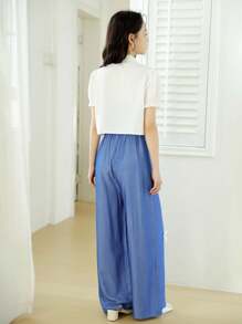 2 Piece Set For Teen Girl White Puff Sleeve Shirt Paired With Fashionable Bow Strap Jumpsuit, Elegant And Versatile Design, Comfortable Fabric, Suitable For Everyday Wear Or Formal Events