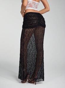 Flirla تنورة ذات نسيج دانتيل بذيل سمكة، أسلوب عطلة شاطئية جذابة، للربيع/الصيف - الأسود - مشاهدة 2