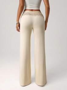 SHEIN ICON Women's White Knit Waistband With Beaded Drawstring Straight Loose Casual Resort Pants