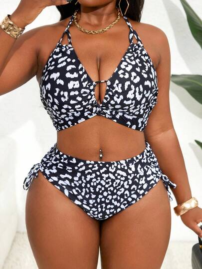 Slaydiva 2pcs/Set Plus Size Women Leopard Print Tie Strap Split Sexy Swimsuit, Fashion Summer Beach Vacation Swimwear