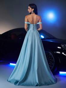 Glamrae Váy Maxi đuôi cá chữ A đính cườm lưới xuyên thấu sang trọng màu xanh da trời thanh lịch có cổ áo jacquard có đính hạt và cạp chun có thể điều chỉnh, phù hợp cho các buổi hẹn hò, sinh nhật, sự kiện trang trọng, đám cưới, tốt nghiệp, dạ hội, tiệc tối - Màu xanh nhạt - Xem 4