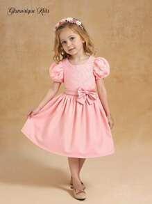 SHEIN Glamorique Kids Young Girl Lace Patchwork Round Neck Puff Sleeve Short Sleeve Party Dress, Spring/Summer - Pink - View 1