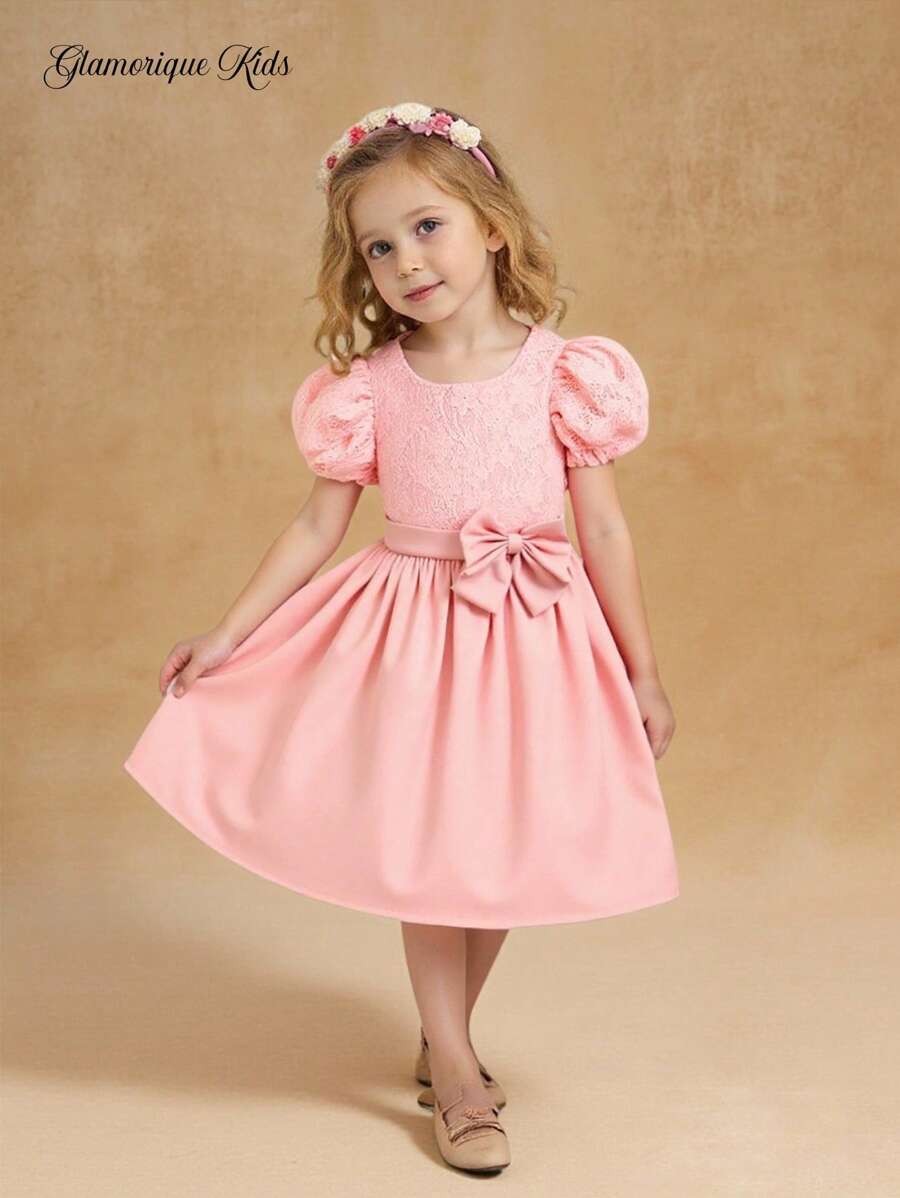 SHEIN Glamorique Kids Young Girl Lace Patchwork Round Neck Puff Sleeve Short Sleeve Party Dress, Spring/Summer - Pink - View 1