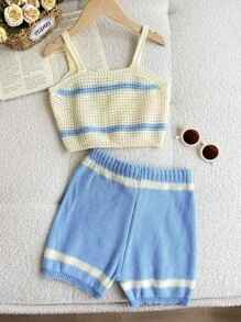 SHEIN Conjunto de 2 peças com Top de Malha Vazado e Shorts Listrados para Meninas Pré-Adolescentes - Multicolorido - Visão 2