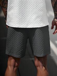 Manfinity CasualCool 男士夏季提花纹理抽绳短裤，罗纹领口和皮革贴片，送给男朋友或丈夫的贴心礼物 男士短裤 灰色短裤 设计师短裤 男士 男士街头潮流短裤 纹理短裤 男士