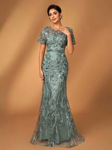 Serin Elegante y lujoso vestido con mangas transparentes, diseño floral bordado con encaje y cuentas de lentejuelas, adecuado para bodas, despedida de soltera, fiestas, banquetes, luna de miel