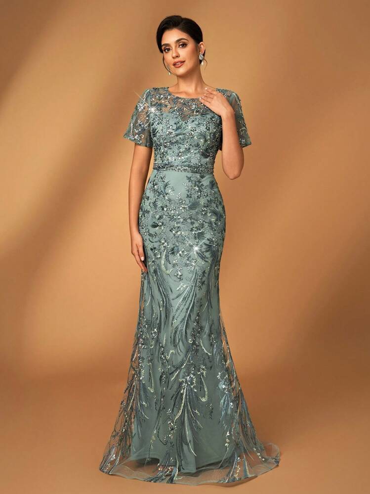 Serin Vestido elegante y lujoso con mangas transparentes, diseño floral bordado con encaje y cuentas, adecuado para boda, despedida de soltera, fiesta, banquete, vestido de noche para luna de miel, Día de San Valentín - Verde militar - Añade 6