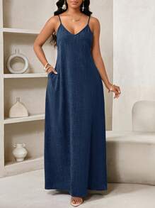 SHEIN Lady 蓝色女士波西米亚风露背女士宽松长裙女士连衣裙宽松露肩生日和活动礼服/节日礼服度假服装女士波西米亚风/波西米亚风女装吊带上衣非洲女装女士连衣裙夏季热带女装新品女士连衣裙沙滩裙复活节连衣裙/复活节女装/复活节女装 - 藏蓝色 - 查看 1