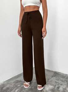 SHEIN Cottnline Women's Solid Color Ribbed Drawstring Waist Knit Pants,Burgundy Trousers - Brown - View 4