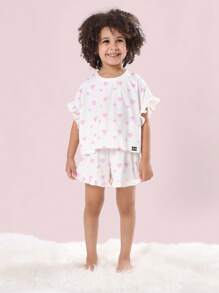 SUMWON Girls Pajama Set Heart Pattern Ruffle Sleeve Summer Sleepwear Kids Wear Comfort Night Wear Cute Matching Two Piece Pink White For Casual And Vacation - Red and White - View 1