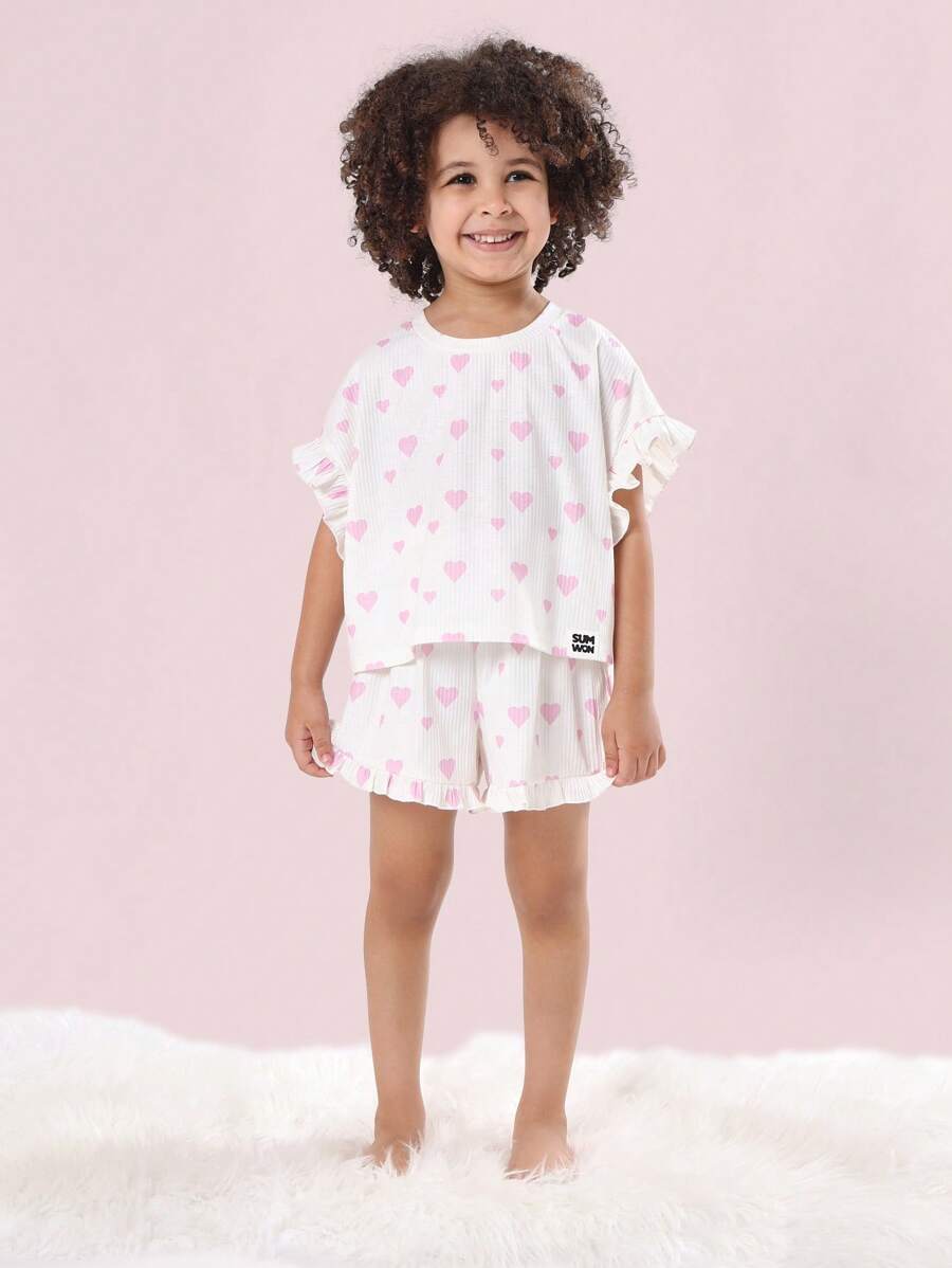 SUMWON Girls Pajama Set Heart Pattern Ruffle Sleeve Summer Sleepwear Kids Wear Comfort Night Wear Cute Matching Two Piece Pink White For Casual And Vacation - Red and White - View 1