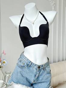 SHEIN 1pc Women's Solid Color Halter Backless Underwire Bra - Black - View 5