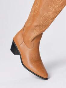 ROMWE Fairycore Bottes hautes western marron brodées, design à enfiler, mode extérieure